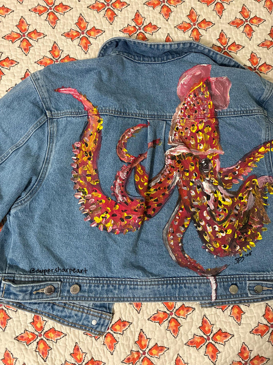 hand painted squid on jean jacket