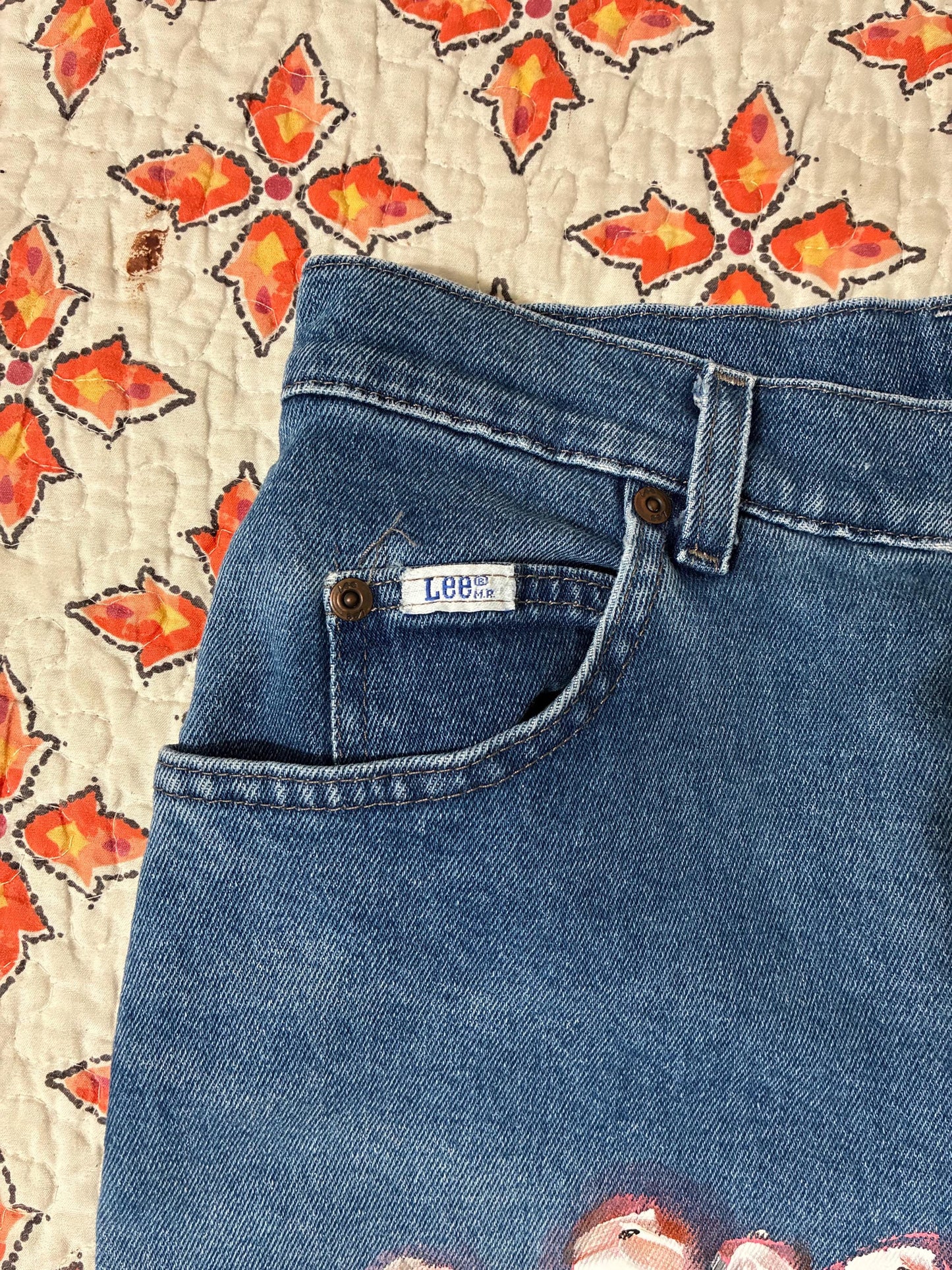 hand painted peony 90s Lee Women’s capri jeans