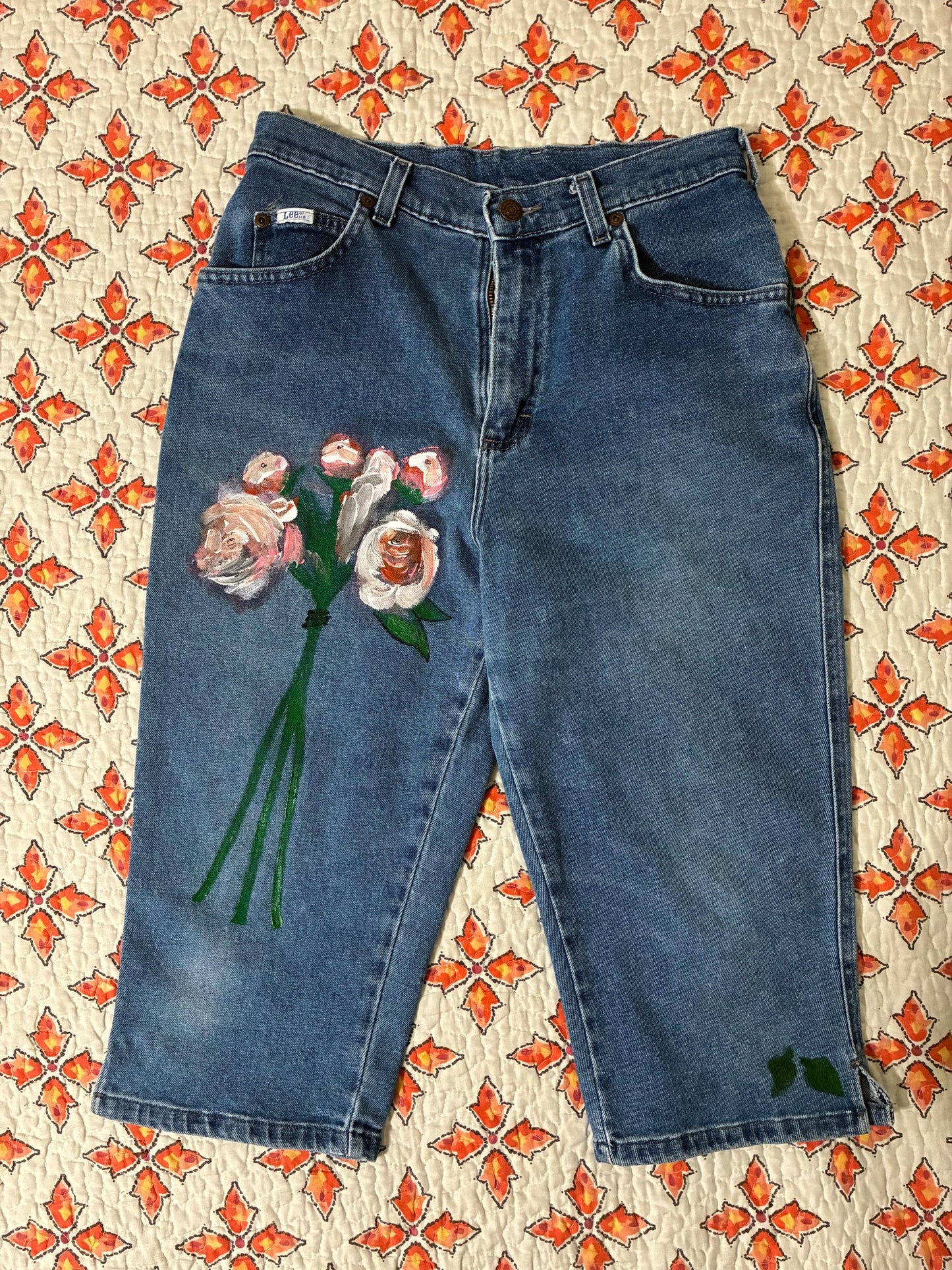 hand painted peony 90s Lee Women’s capri jeans
