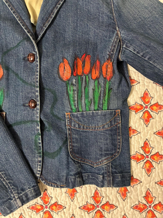 Gap brand women’s jean jacket handpainted with tulips