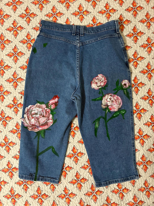 hand painted peony 90s Lee Women’s capri jeans