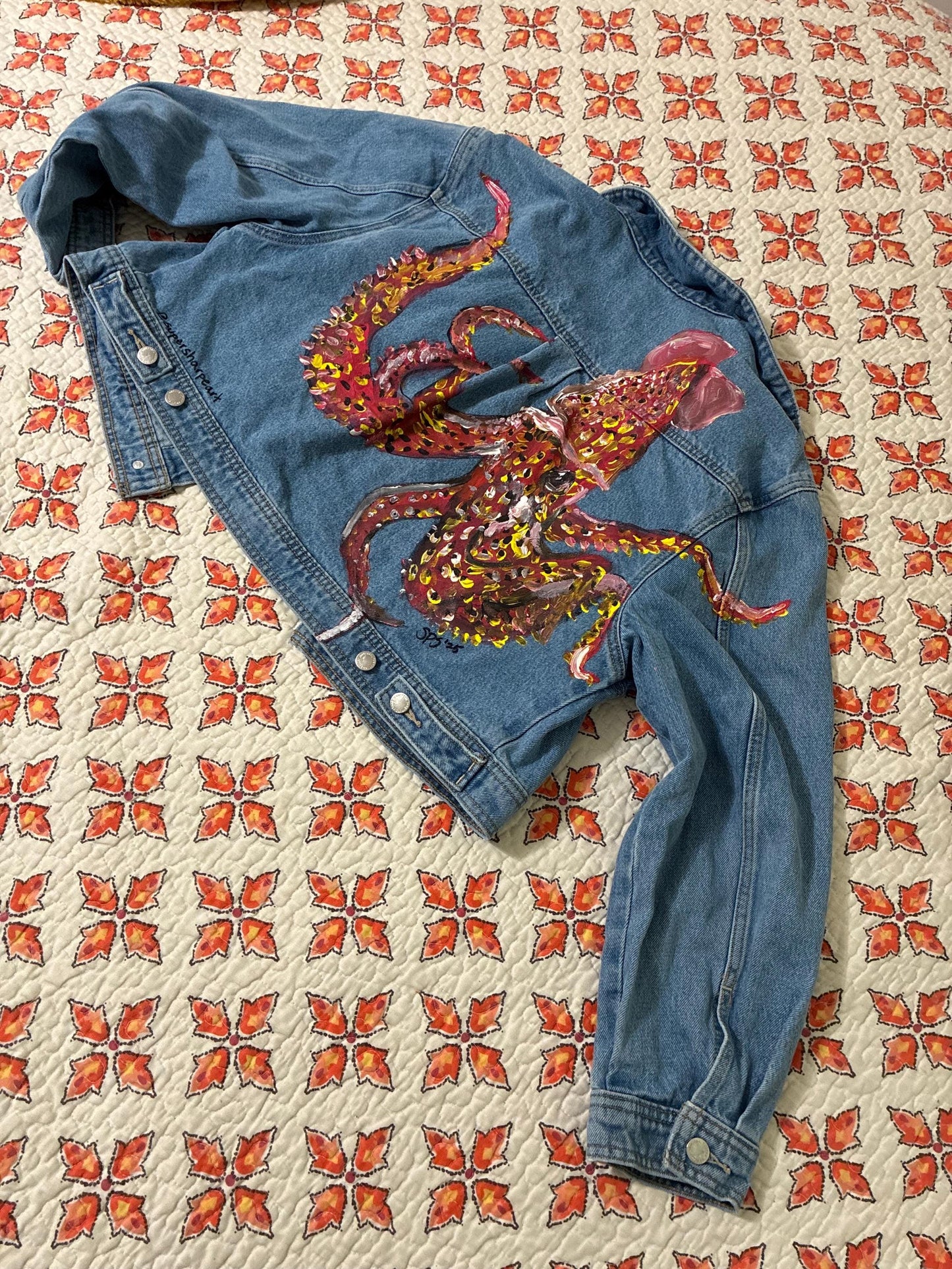 hand painted squid on jean jacket