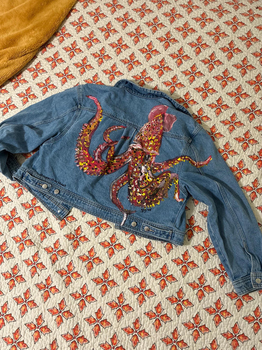 hand painted squid on jean jacket
