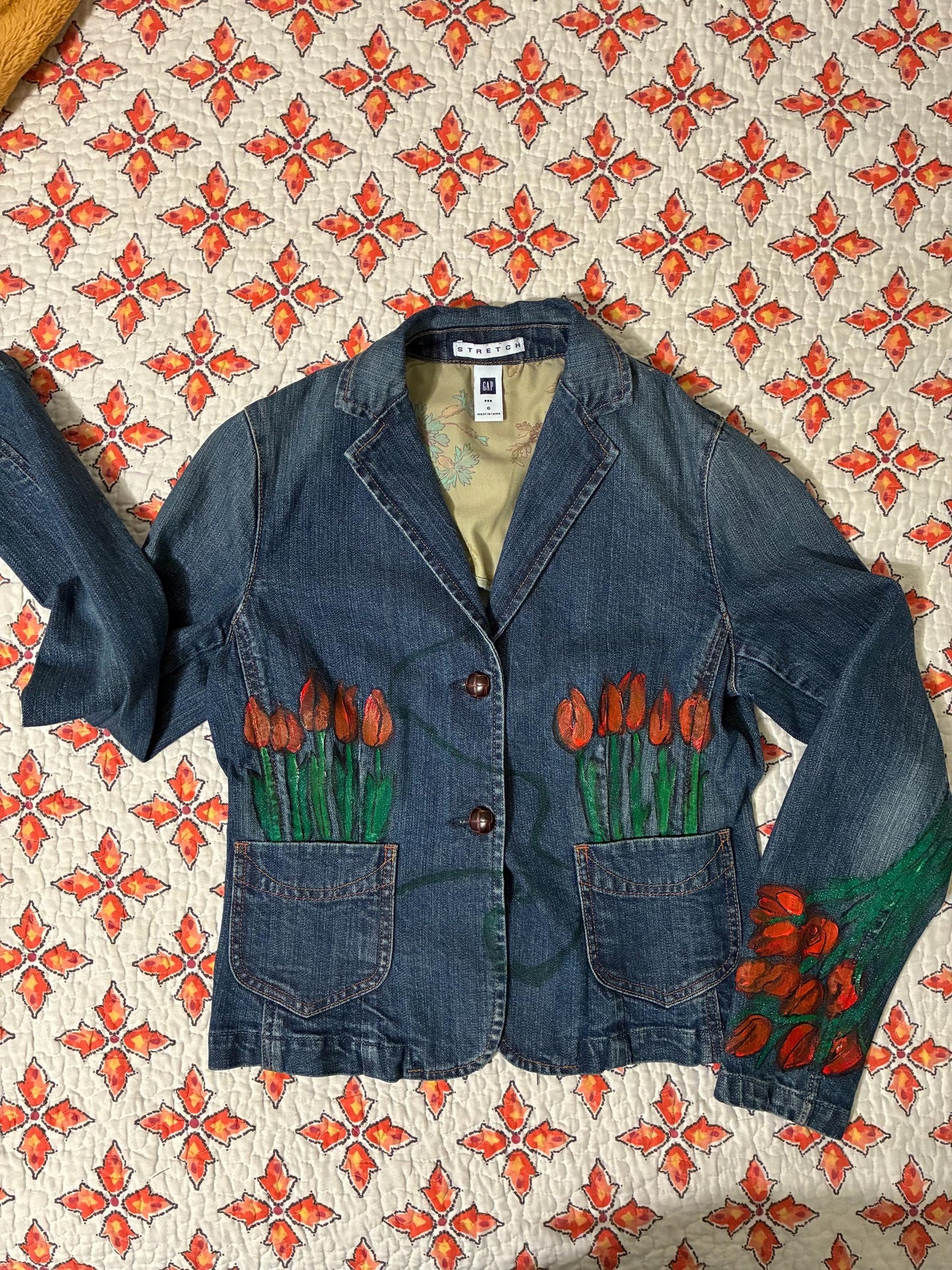 Gap brand women’s jean jacket handpainted with tulips