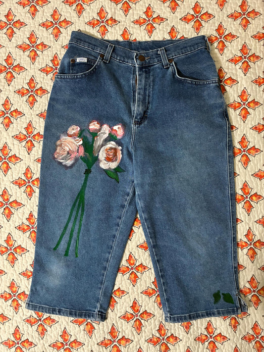 hand painted peony 90s Lee Women’s capri jeans
