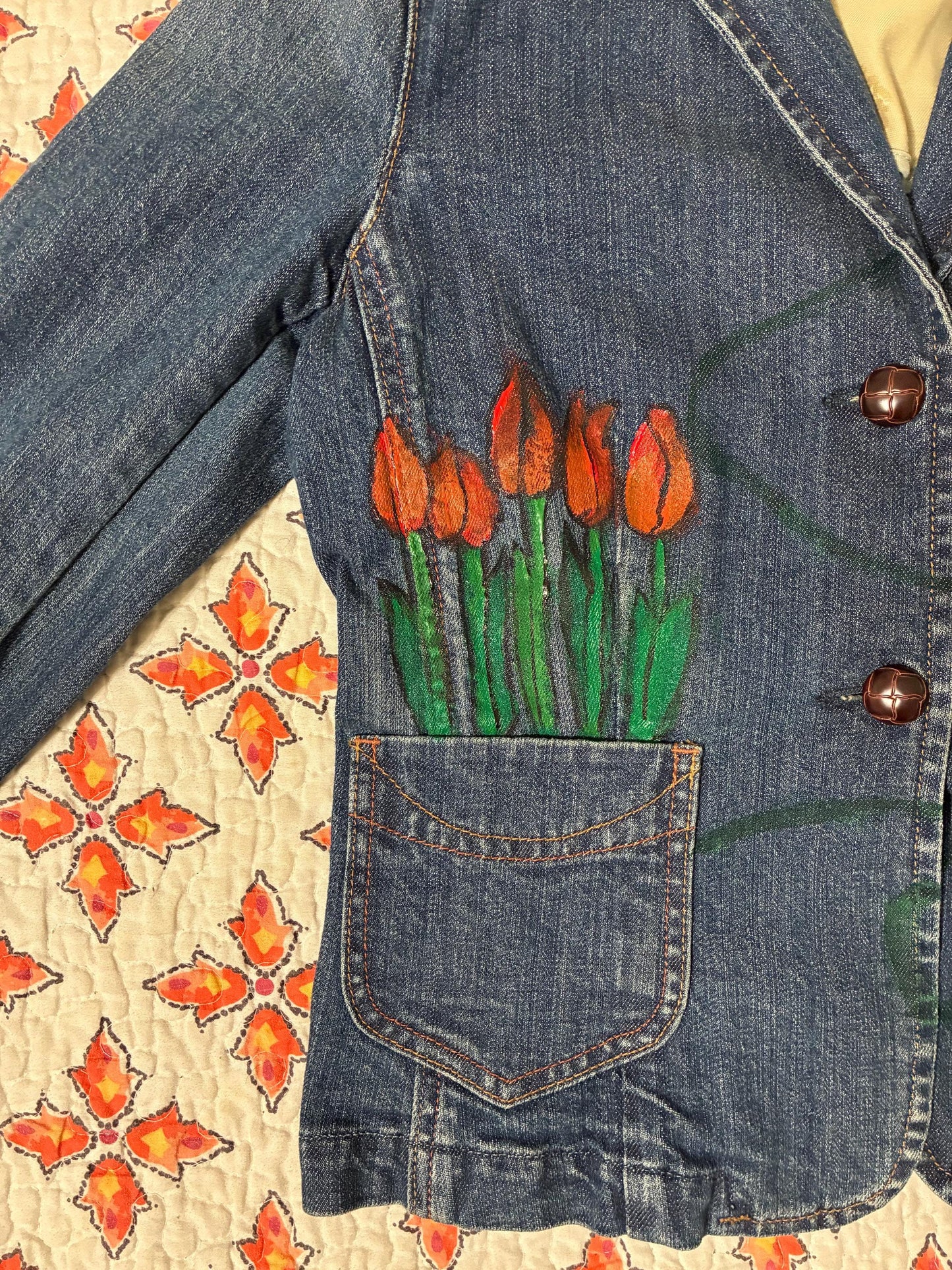 Gap brand women’s jean jacket handpainted with tulips
