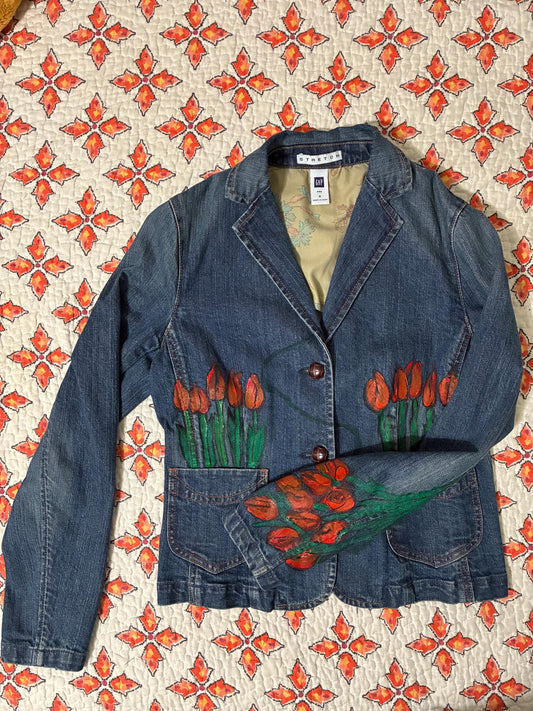 Gap brand women’s jean jacket handpainted with tulips