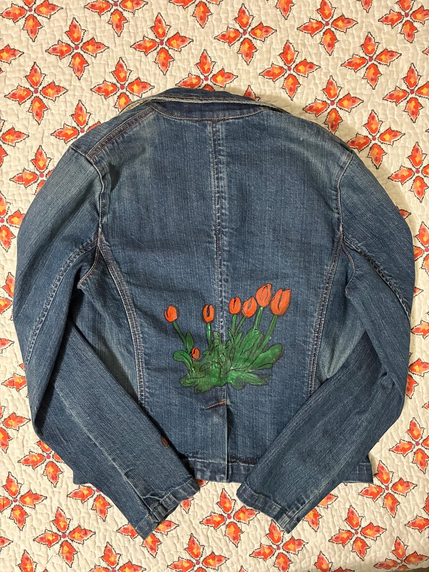 Gap brand women’s jean jacket handpainted with tulips