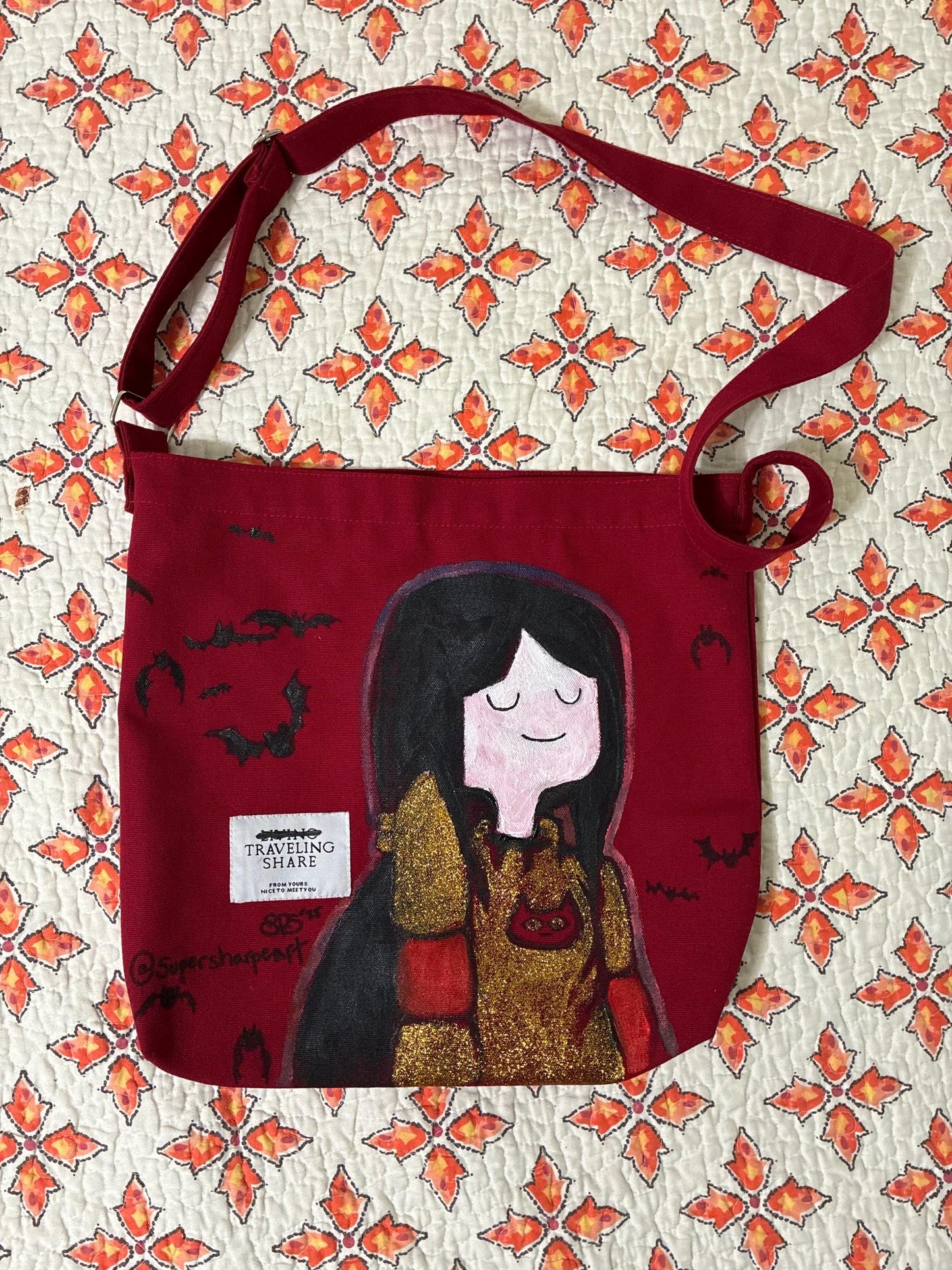 Marceline the Vampire Queen Adventure Time Handpainted on Repurposed Red Canvas Tote