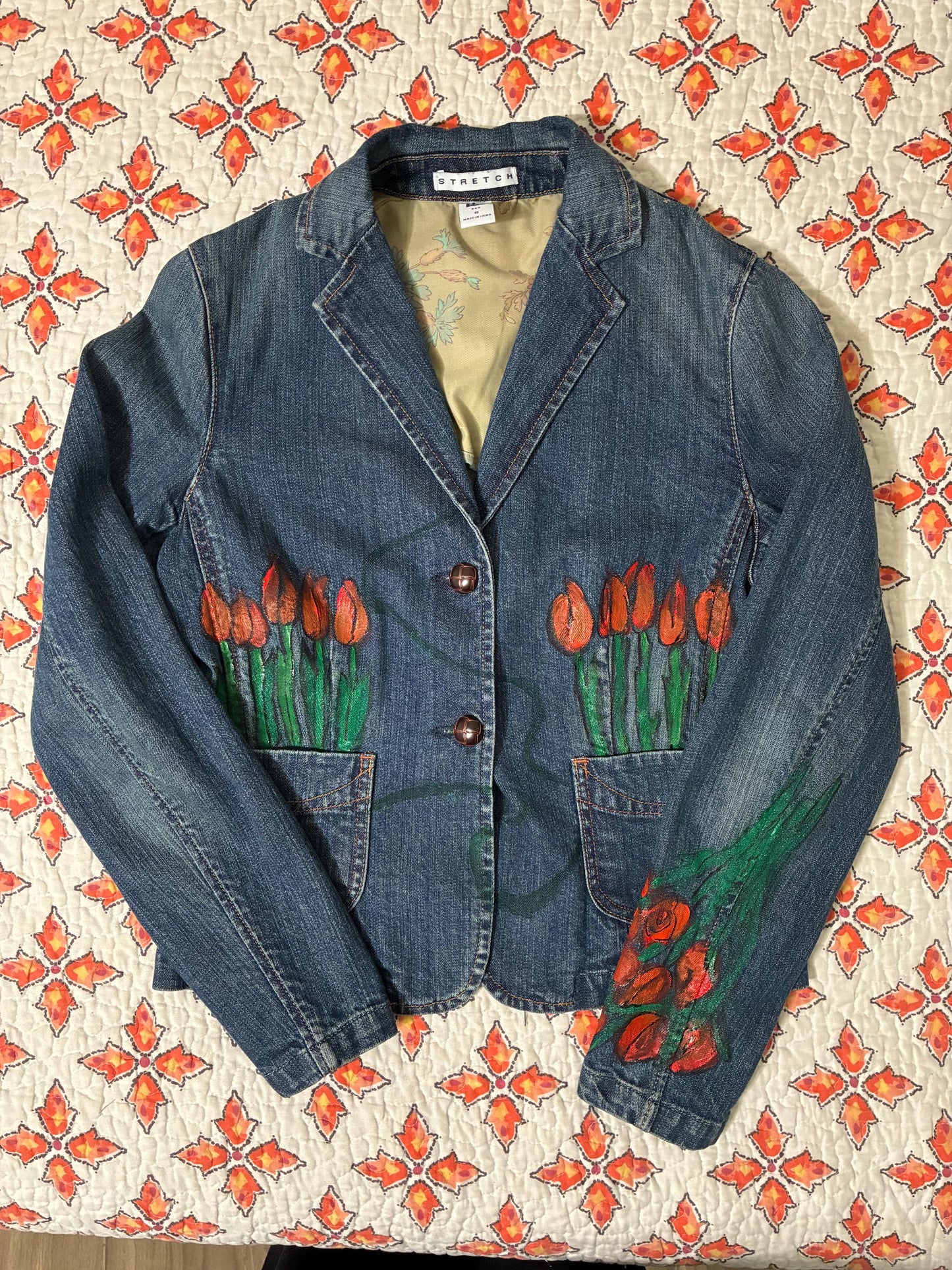 Gap brand women’s jean jacket handpainted with tulips